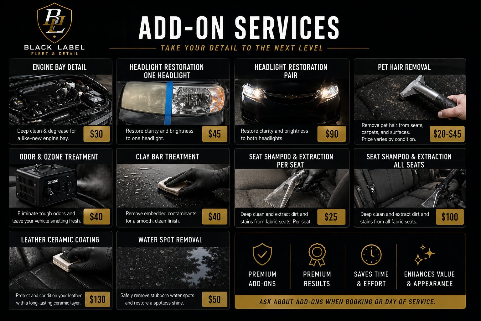 Black Label Fleet & Detail add-on services price list