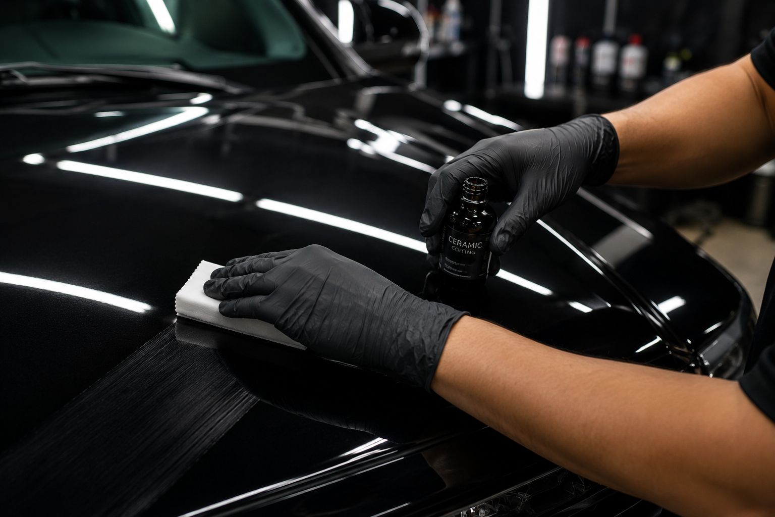 Applying ceramic coating to vehicle hood with deep gloss finish