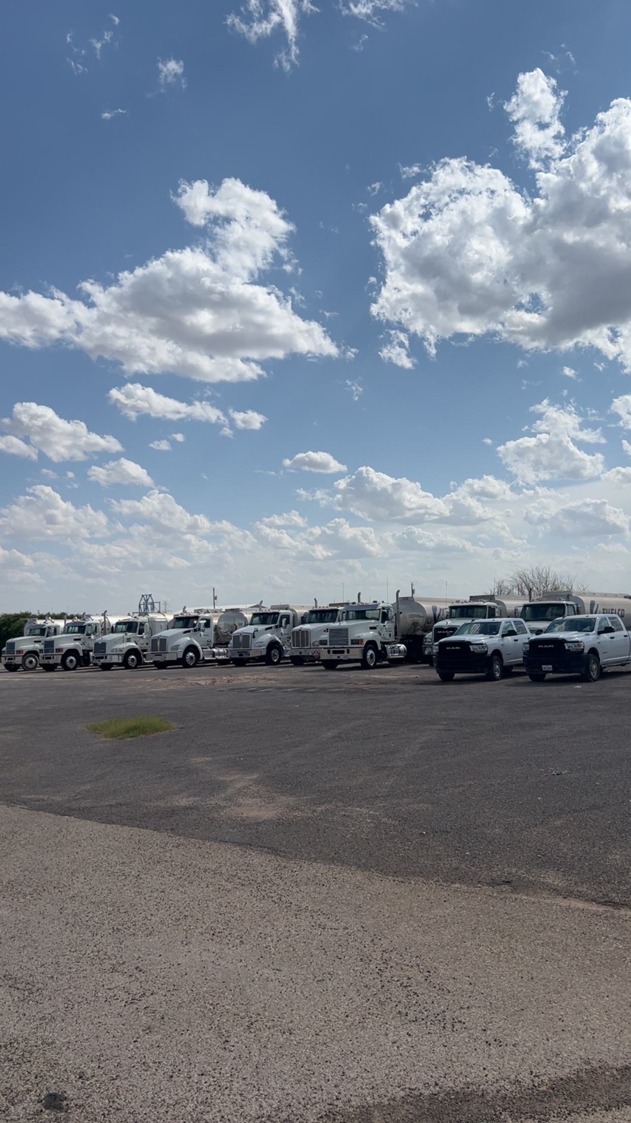 Fleet of Fuelco tanker trucks and pickups staged for washing